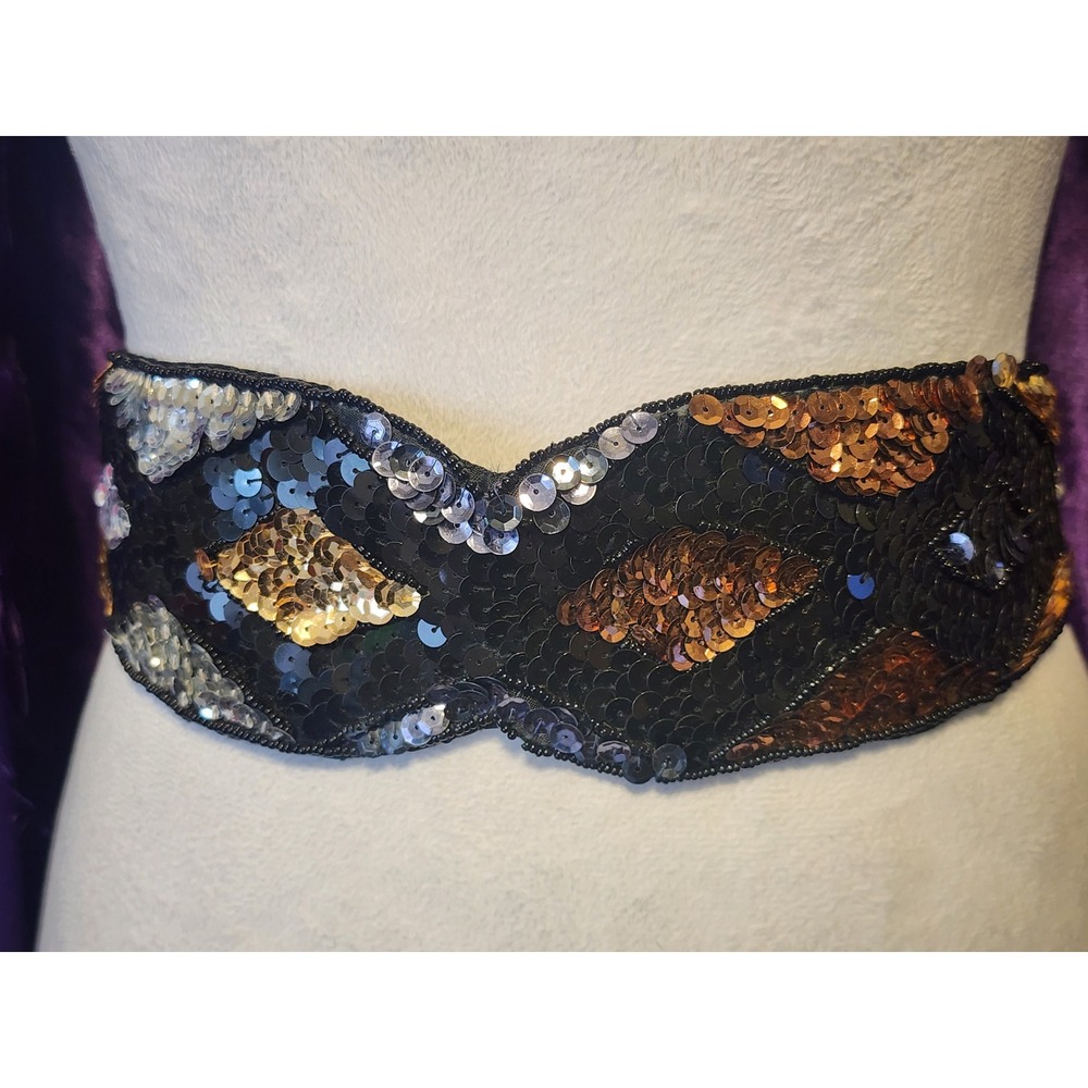 Vintage Milor Sequin Beaded Elastic Waist Belt Black Gold Copper Silver Size M/L